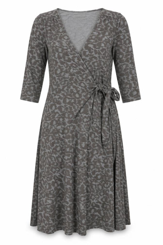 Front view of ELLE women’s grey animal print viscose wrap dress, size UK 16, v-neck tie