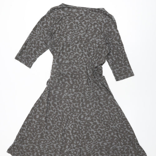 ELLE Womens Grey Animal Print Viscose Wrap Dress Size 16 V-Neck Tie
