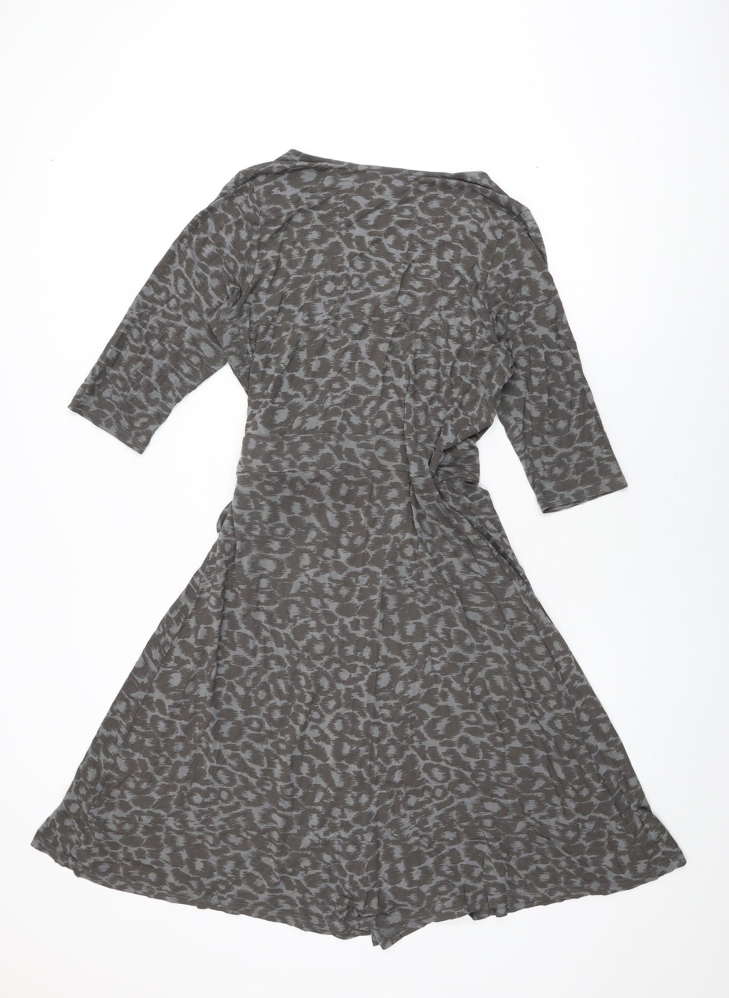 ELLE Womens Grey Animal Print Viscose Wrap Dress Size 16 V-Neck Tie