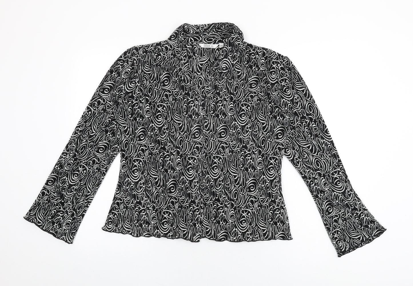 M&Co Womens Black Geometric Polyester Basic Button-Up Size 14 Collared