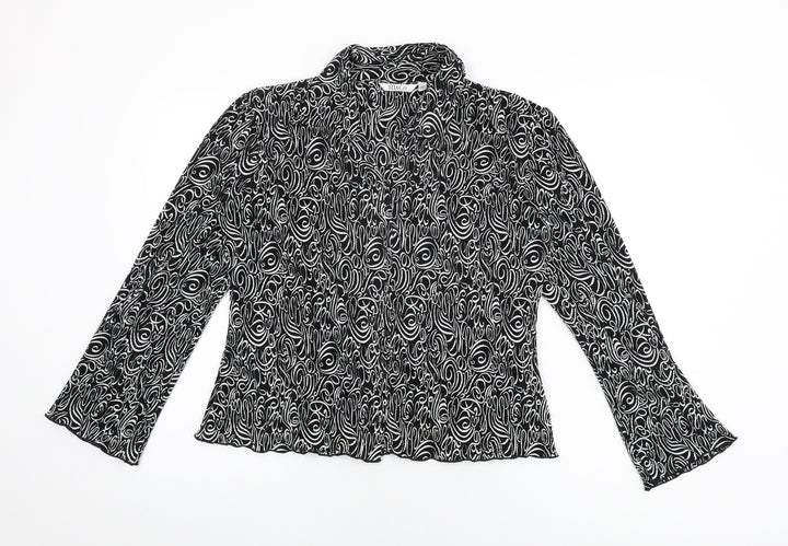 M&Co Womens Black Geometric Polyester Basic Button-Up Size 14 Collared