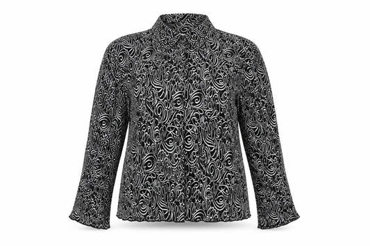Front view of M&Co women’s black geometric polyester basic button-up, size UK 14, collared
