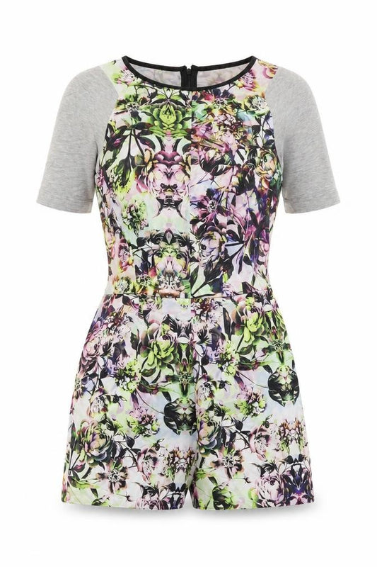 Front view of Warehouse women’s multicoloured floral polyester playsuit one-piece, size UK 8, zip