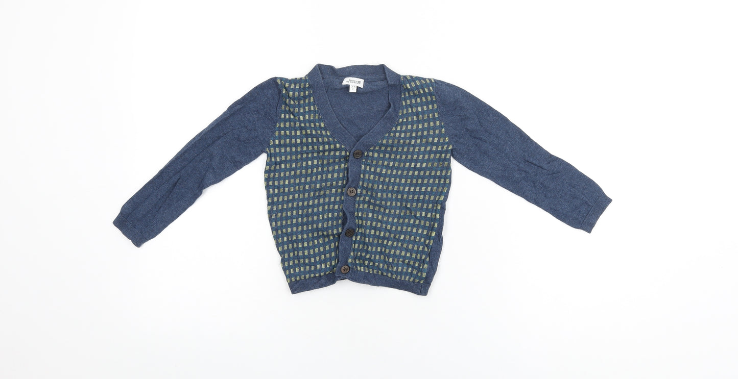 Bows & Arrows Boys Blue V-Neck Geometric Cotton Cardigan Jumper Size 3-4 Years Button