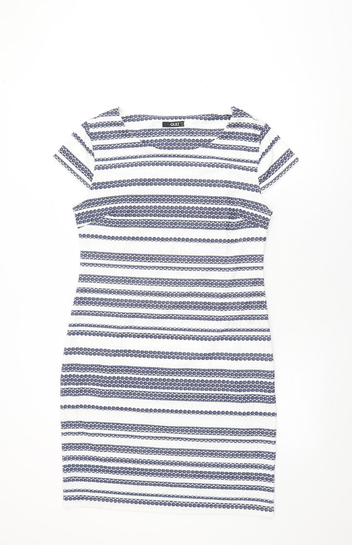 Quiz Womens White Striped Polyester Bodycon Size 12 Round Neck Zip