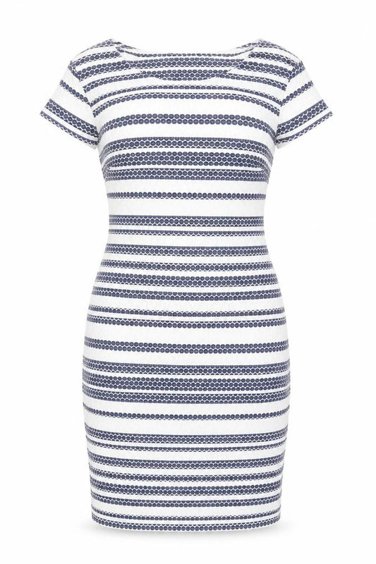 Front view of Quiz women’s white striped polyester bodycon, size UK 12, round neck zip