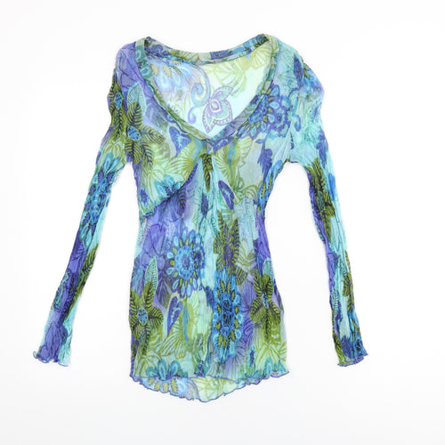 Per Una Womens Blue Floral Viscose Basic T-Shirt Size 14 V-Neck