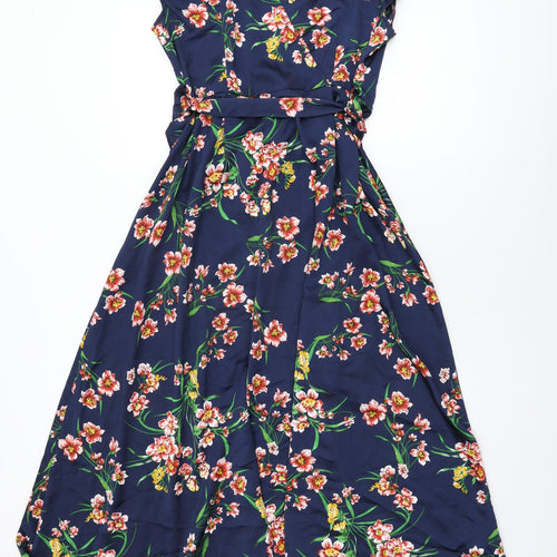 Boohoo Womens Blue Floral Polyester A-Line Size 14 V-Neck Zip