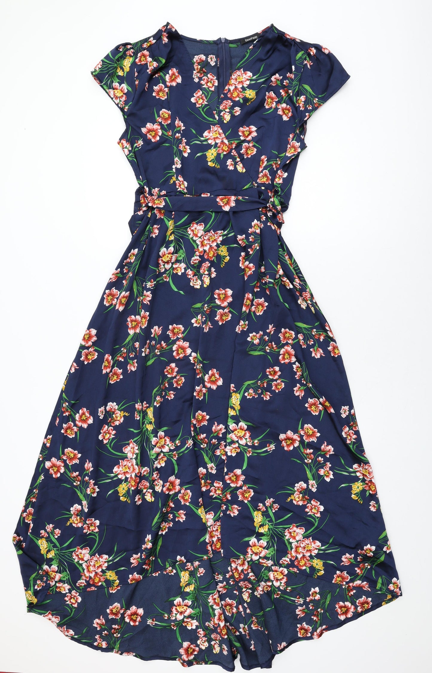 Boohoo Womens Blue Floral Polyester A-Line Size 14 V-Neck Zip
