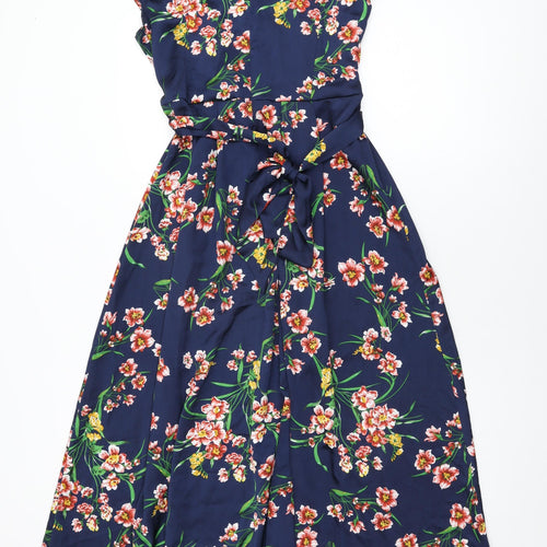 Boohoo Womens Blue Floral Polyester A-Line Size 14 V-Neck Zip