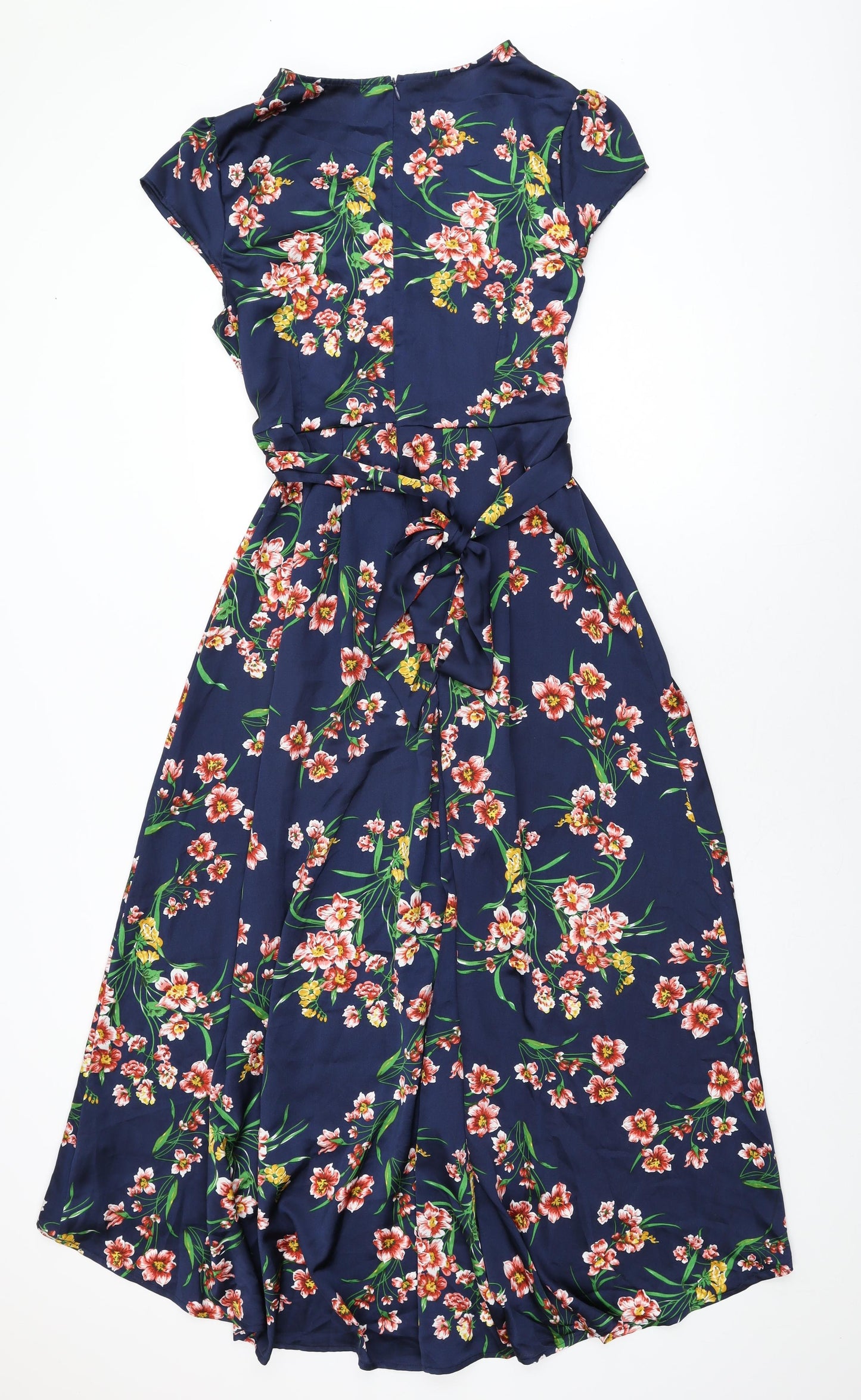 Boohoo Womens Blue Floral Polyester A-Line Size 14 V-Neck Zip