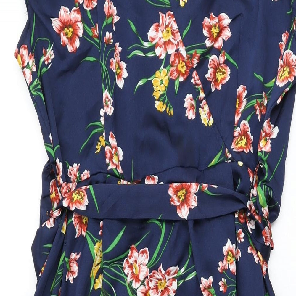 Boohoo Womens Blue Floral Polyester A-Line Size 14 V-Neck Zip