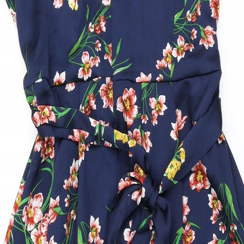 Boohoo Womens Blue Floral Polyester A-Line Size 14 V-Neck Zip