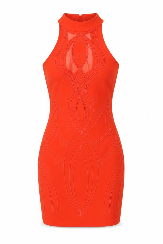 Front view of Lipsy women’s red polyester bodycon, size UK 8, round neck zip