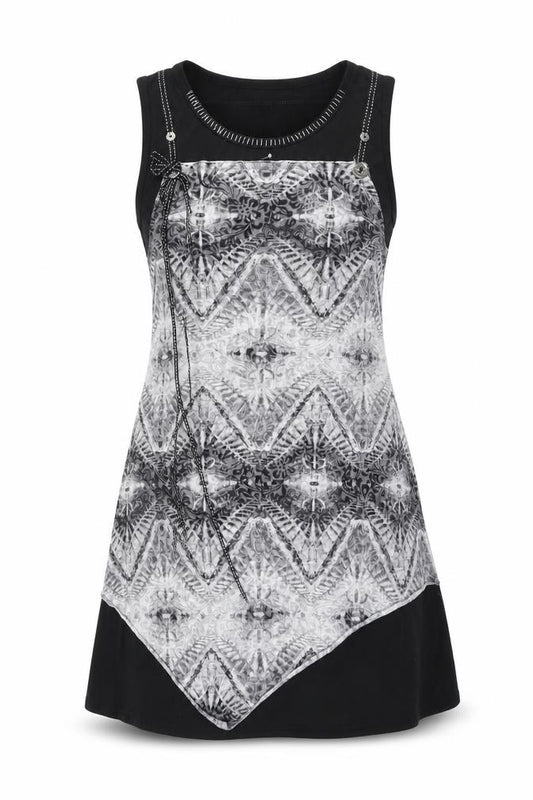 Front view of Apricot women’s black geometric polyester shift, size UK 14, round neck pullover