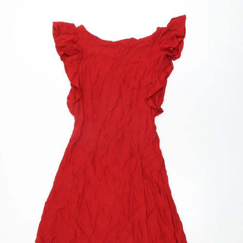 topshop- Womens Red Viscose Shift Size 10 Round Neck Button