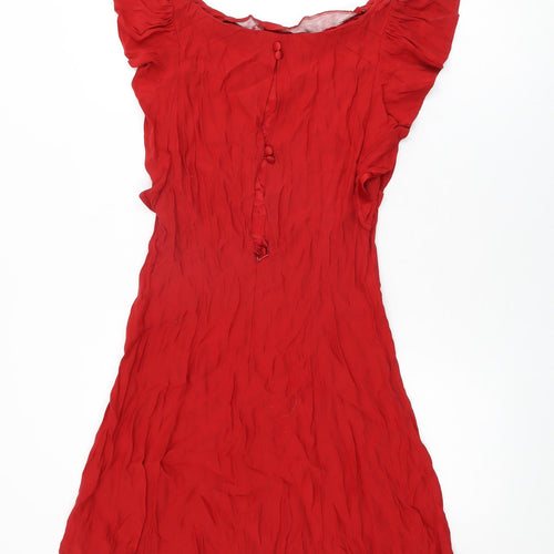 topshop- Womens Red Viscose Shift Size 10 Round Neck Button