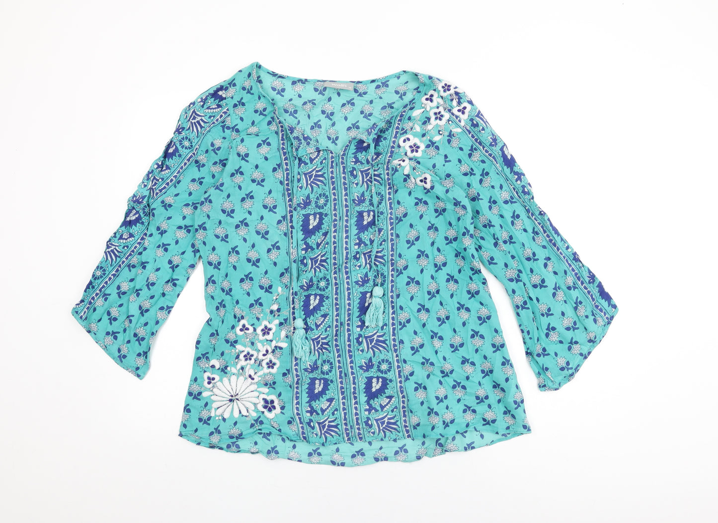 Wallis Womens Blue Floral Cotton Basic T-Shirt Size 14 V-Neck