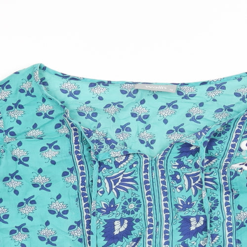 Wallis Womens Blue Floral Cotton Basic T-Shirt Size 14 V-Neck