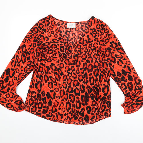 Wallis Womens Red Animal Print Polyester Basic T-Shirt Size 8 V-Neck