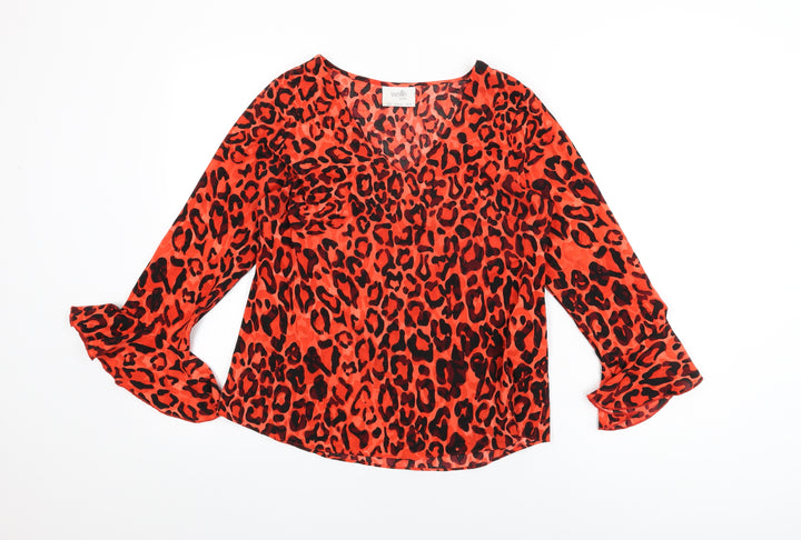 Wallis Womens Red Animal Print Polyester Basic T-Shirt Size 8 V-Neck