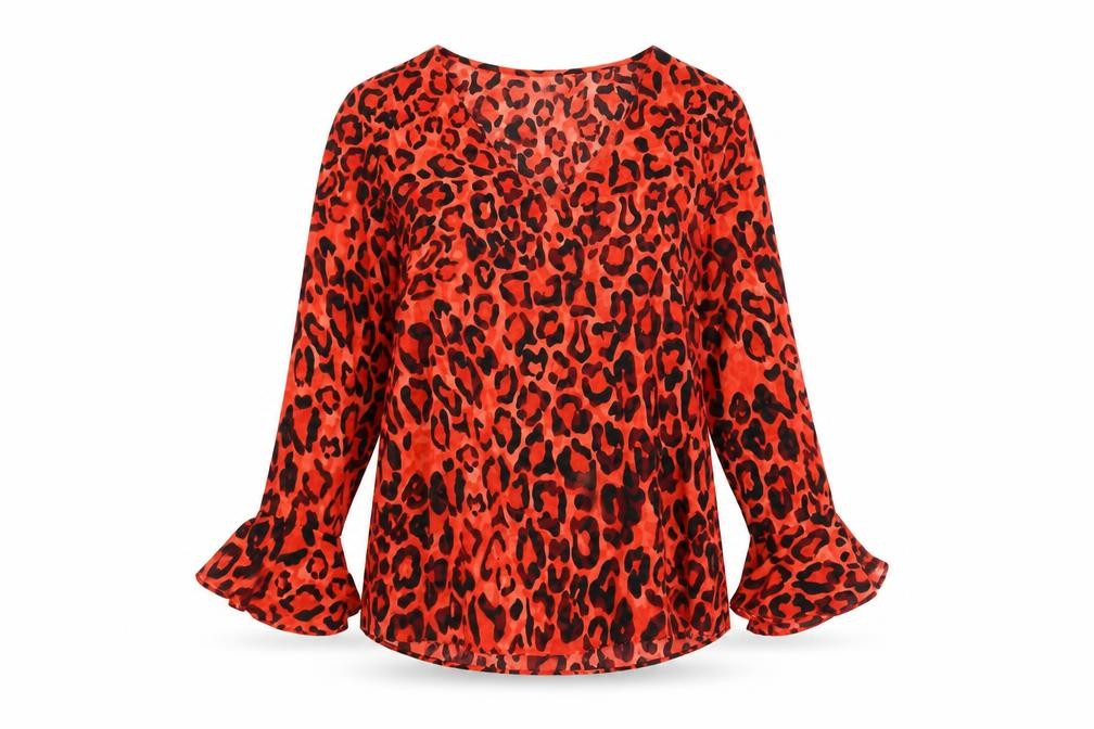 Front view of Wallis women’s red animal print polyester basic t-shirt, size UK 8, v-neck