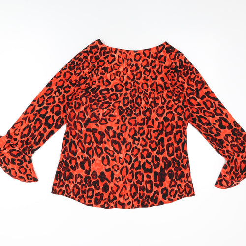 Wallis Womens Red Animal Print Polyester Basic T-Shirt Size 8 V-Neck