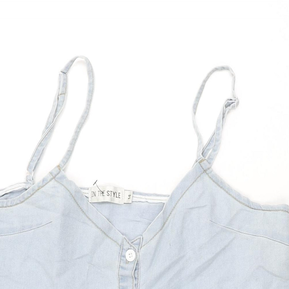 In the Style Womens Blue Cotton Basic T-Shirt Size 14 V-Neck