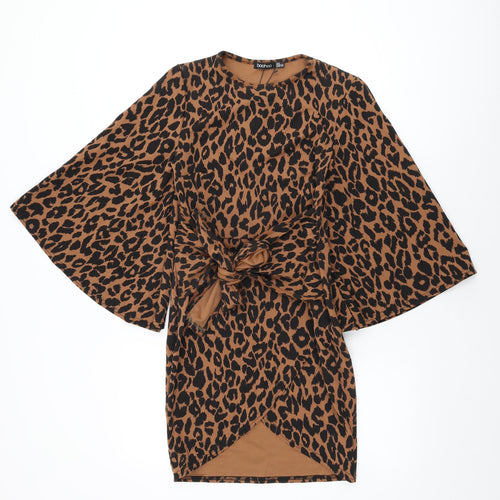 Boohoo Womens Brown Animal Print Polyester Bodycon Size 8 Round Neck Pullover
