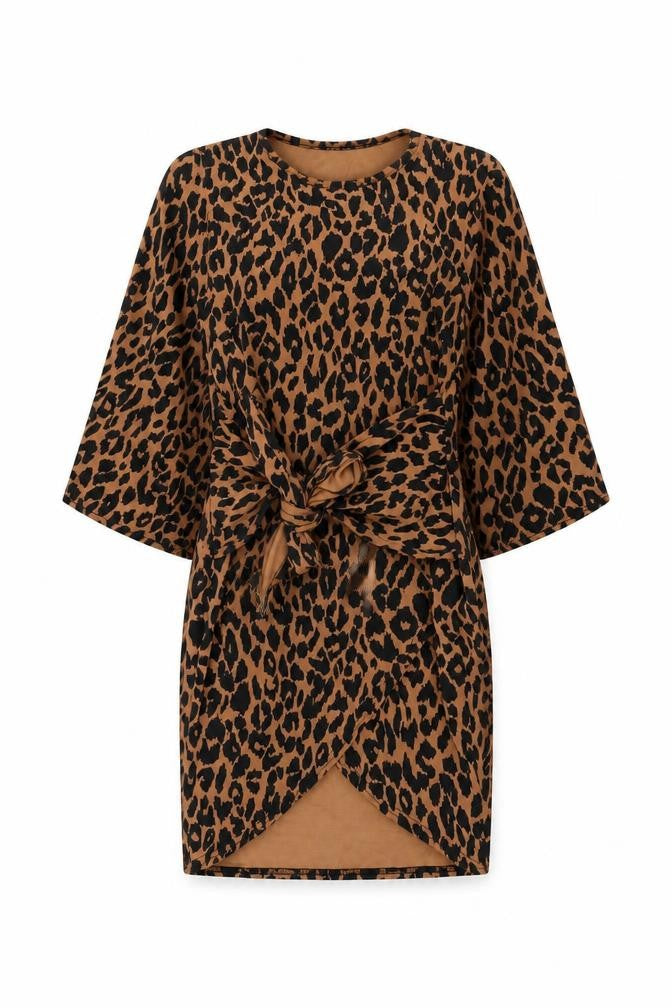 Front view of Boohoo women’s brown animal print polyester bodycon, size UK 8, round neck pullover