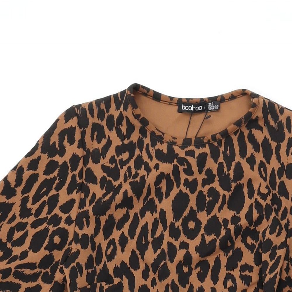 Boohoo Womens Brown Animal Print Polyester Bodycon Size 8 Round Neck Pullover