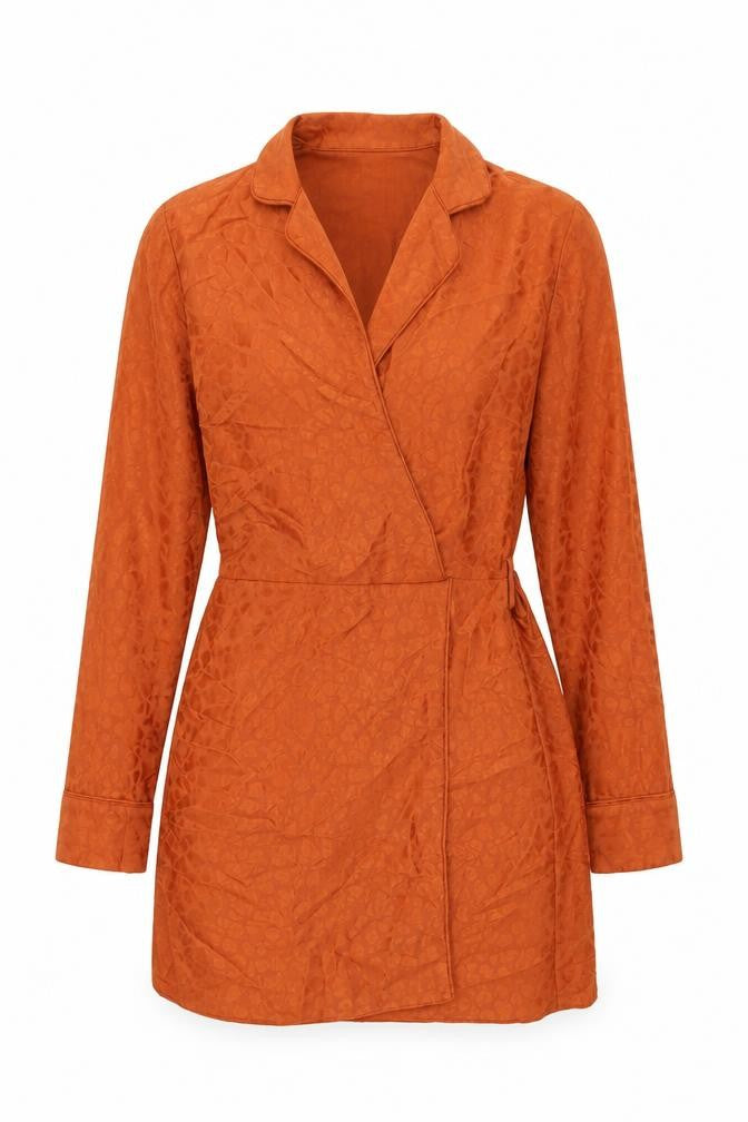 Front view of Miss Selfridge women’s orange animal print polyester mini, size UK 10, collared pullover