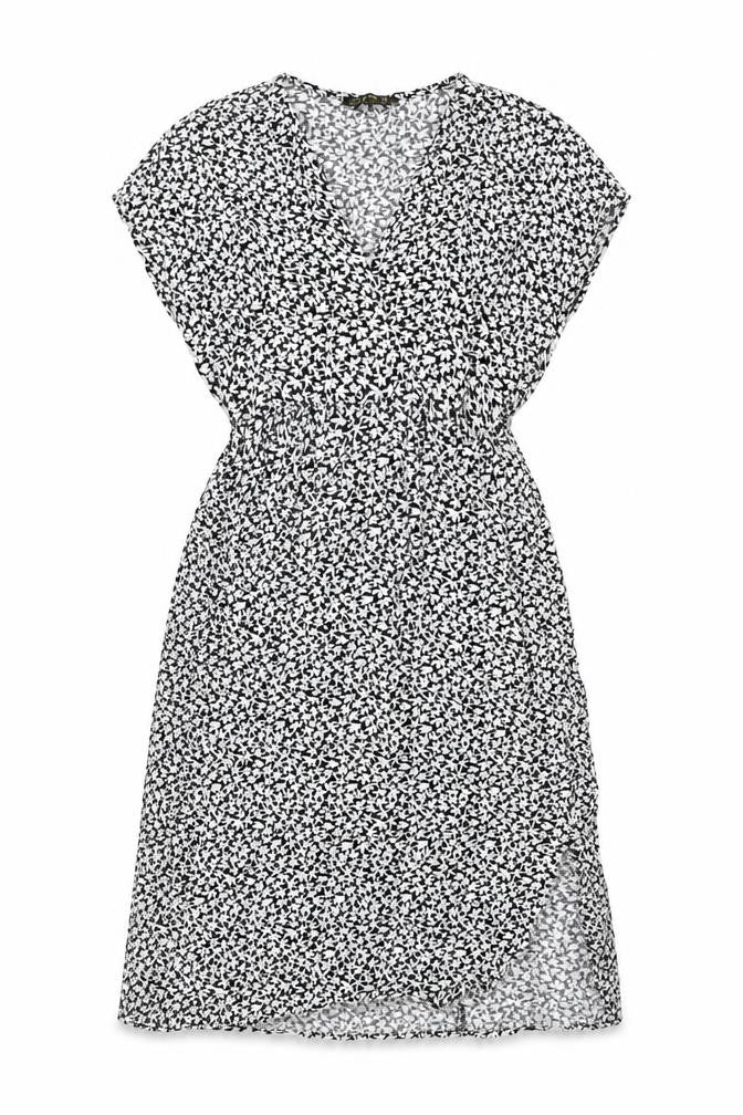 Front view of DKS women’s black floral viscose shift, size M, v-neck pullover