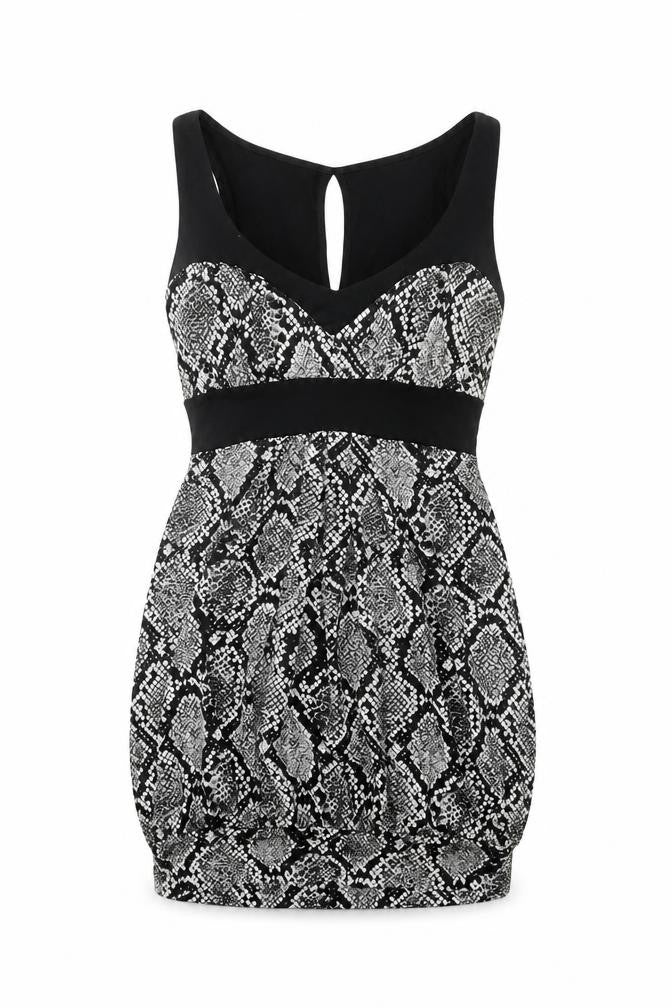 Front view of Internacionale women’s black animal print polyester mini, size UK 10, v-neck tie