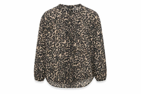 Front view of Next women’s beige animal print nylon basic button-up, size UK 16, round neck