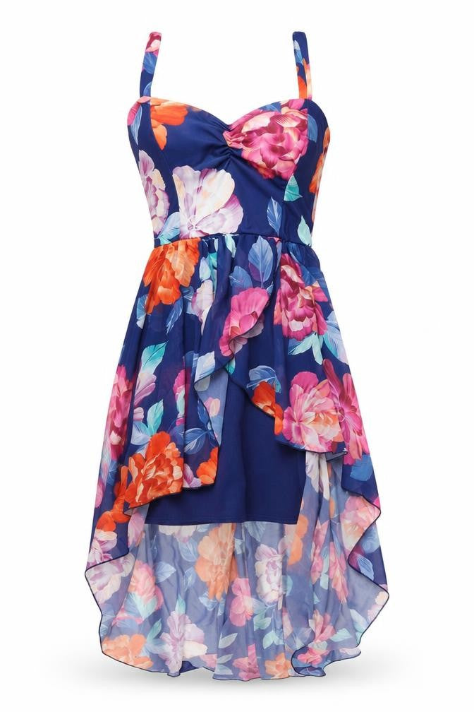 Front view of Quiz women’s blue floral polyester bodycon, size UK 10, v-neck pullover