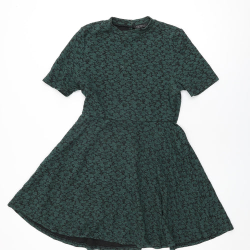 Topshop Womens Green Floral Cotton Skater Dress Size 12 Round Neck Button