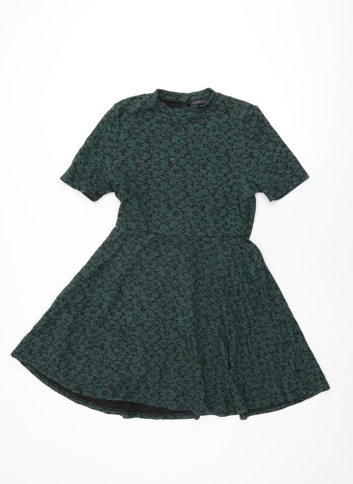 Topshop Womens Green Floral Cotton Skater Dress Size 12 Round Neck Button