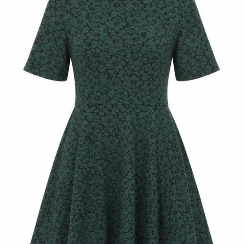 Topshop Womens Green Floral Cotton Skater Dress Size 12 Round Neck Button