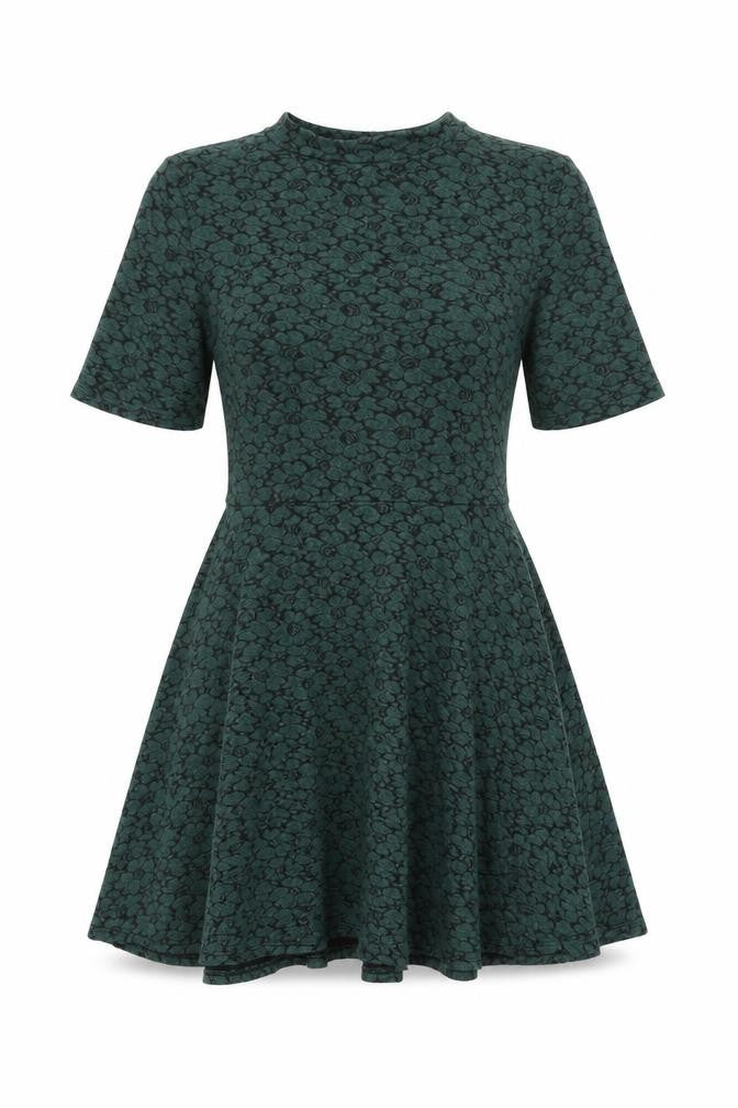 Topshop Womens Green Floral Cotton Skater Dress Size 12 Round Neck Button