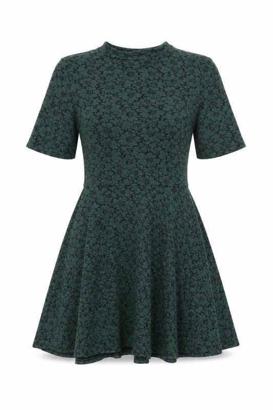 Front view of Topshop women’s green floral cotton skater dress, size UK 12, round neck button
