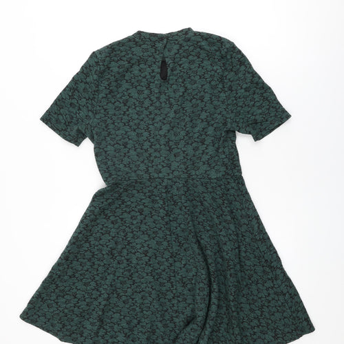 Topshop Womens Green Floral Cotton Skater Dress Size 12 Round Neck Button