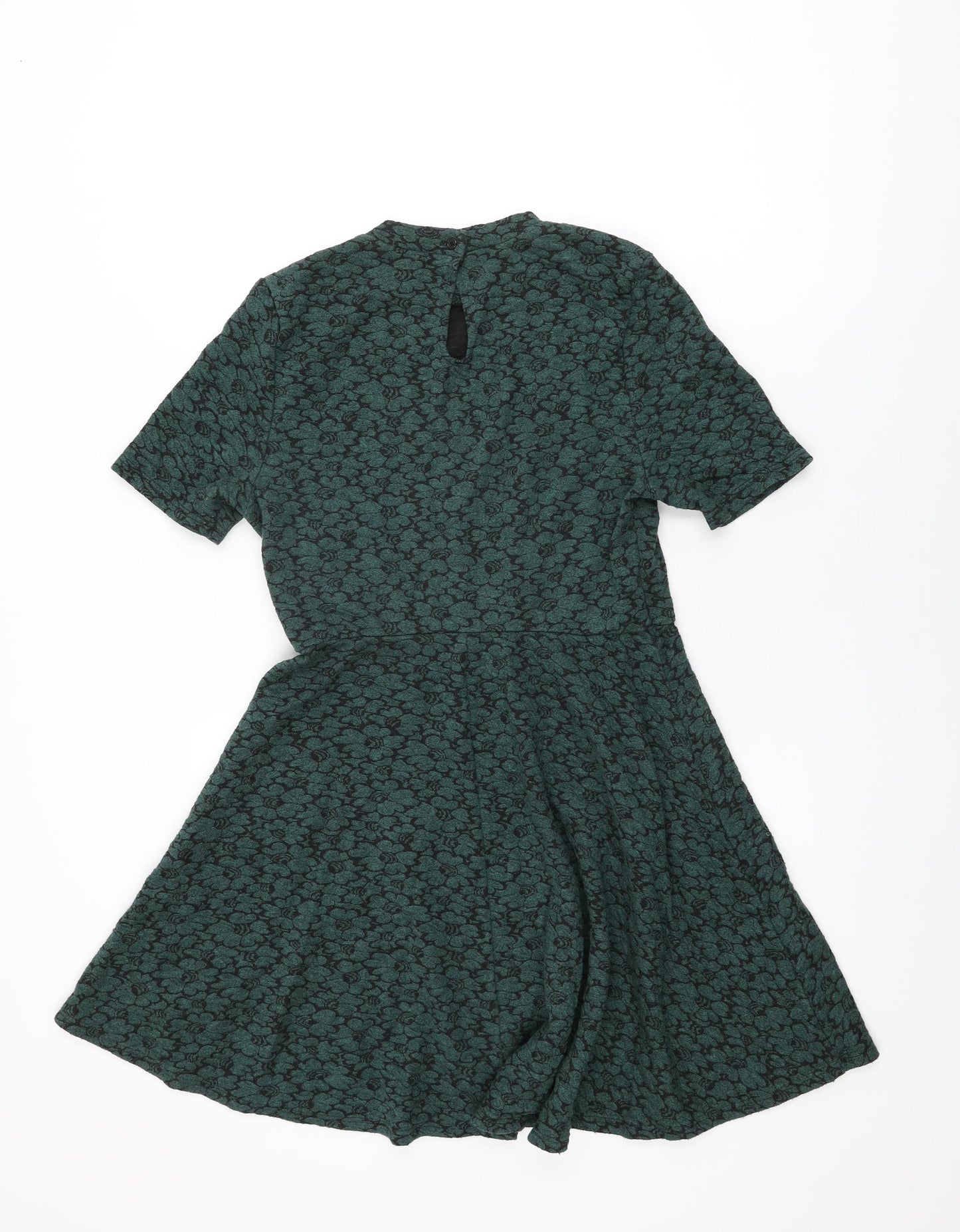 Topshop Womens Green Floral Cotton Skater Dress Size 12 Round Neck Button