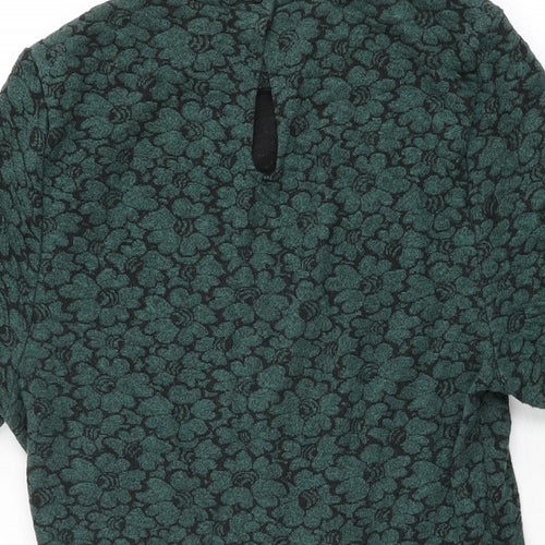 Topshop Womens Green Floral Cotton Skater Dress Size 12 Round Neck Button
