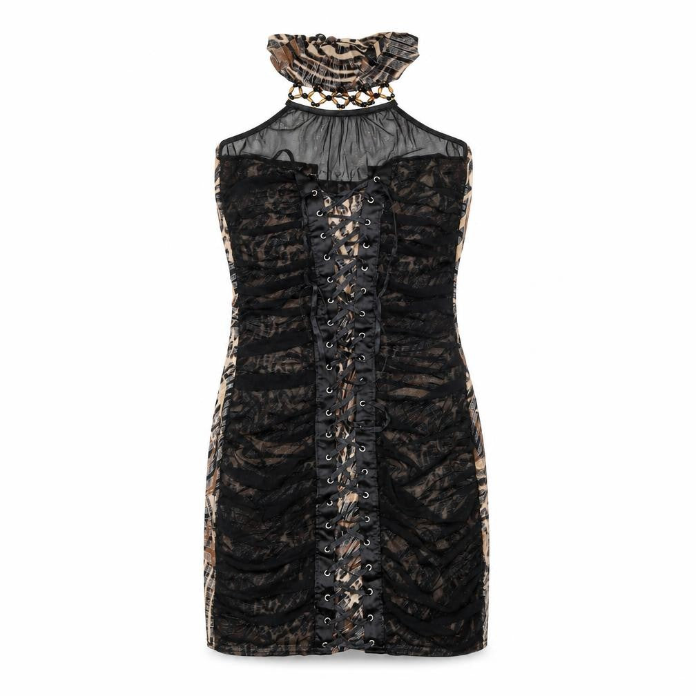 Front view of Progress women’s black animal print polyester bodycon, size M, round neck tie