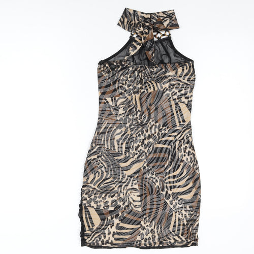 Progress Womens Black Animal Print Polyester Bodycon Size M Round Neck Tie