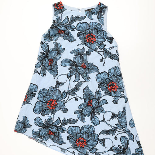Luxe Womens Blue Floral Polyester Shift Size 14 Round Neck Button