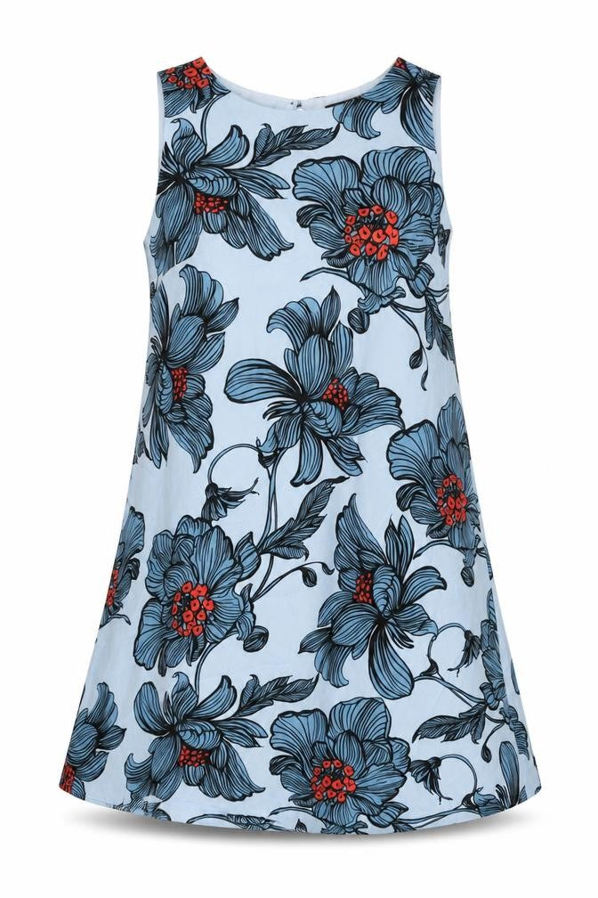 Front view of Luxe women’s blue floral polyester shift, size UK 14, round neck button