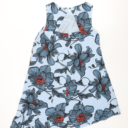 Luxe Womens Blue Floral Polyester Shift Size 14 Round Neck Button