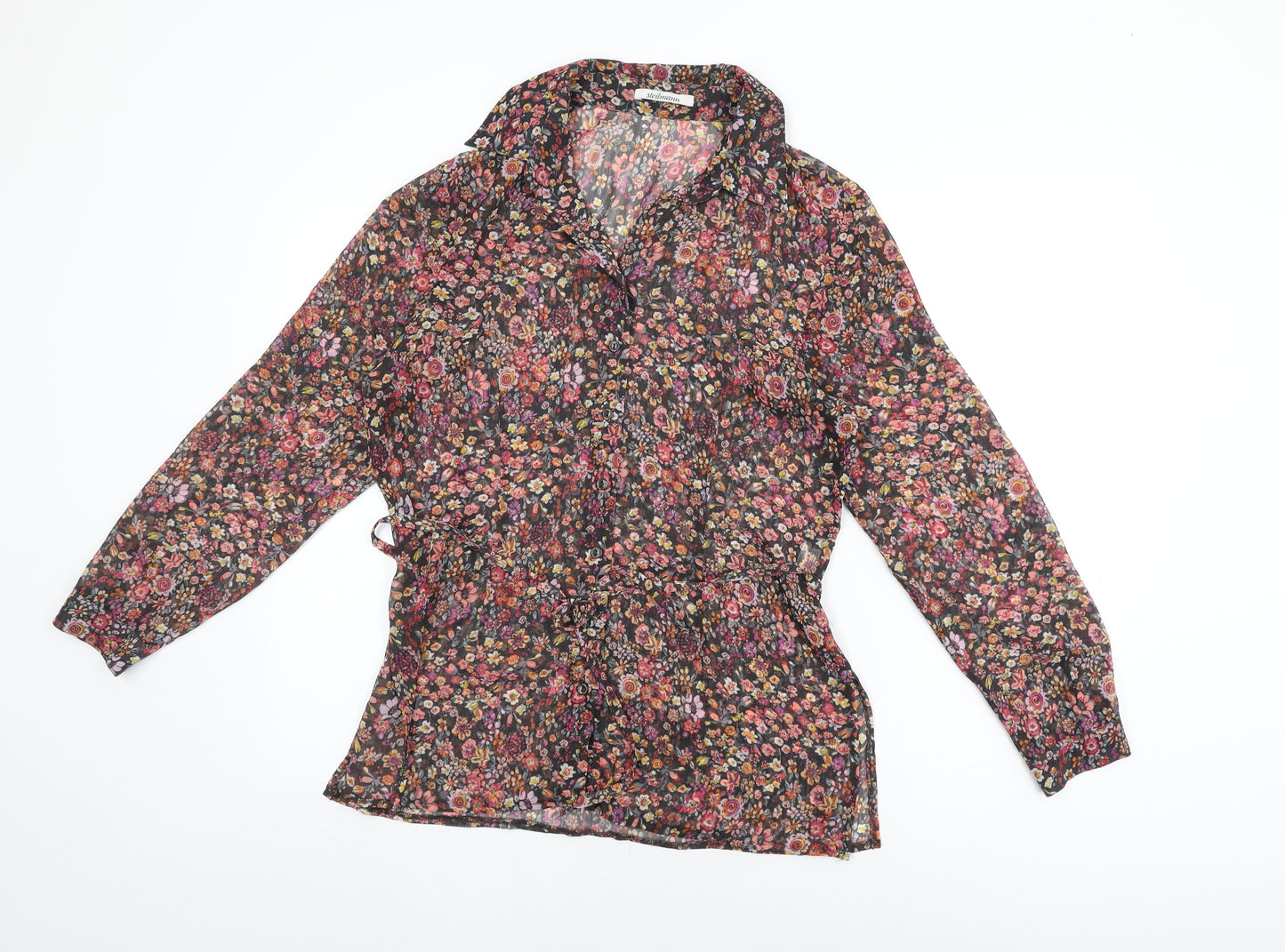 Steilmann Womens Black Floral Polyester Basic Button-Up Size 14 Collared